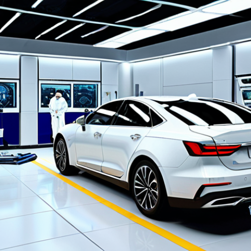 **A futuristic auto repair shop with technicians in clean suits working on the software and sensors of a self-driving car. The atmosphere is bright and modern, with diagnostic screens and advanced tools visible.** *(Focuses on the "Software is the New Engine" and "Oficinas Especializadas" sections.)*