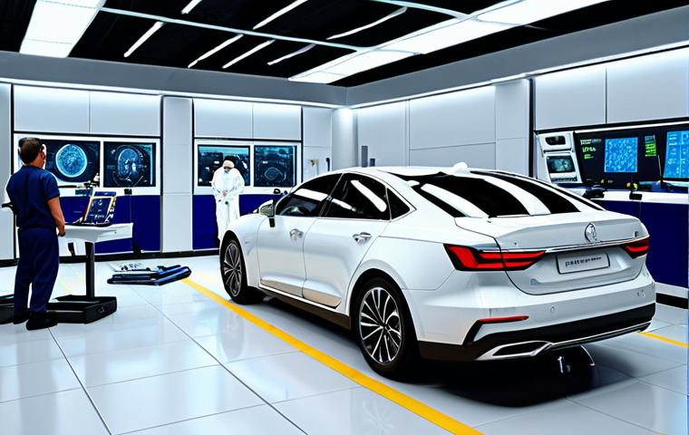 **A futuristic auto repair shop with technicians in clean suits working on the software and sensors of a self-driving car. The atmosphere is bright and modern, with diagnostic screens and advanced tools visible.** *(Focuses on the "Software is the New Engine" and "Oficinas Especializadas" sections.)*