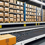 **

>Futuristic warehouse in Portugal, featuring automated robots sorting packages, conveyor belts moving goods, and a central AI interface displaying real-time inventory data. Include the Jerónimo Martins logo subtly in the background. Focus on showcasing the efficiency and technological advancement of autonomous logistics.

**