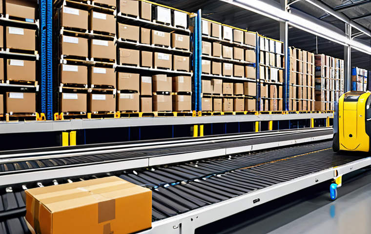 **
>Futuristic warehouse in Portugal, featuring automated robots sorting packages, conveyor belts moving goods, and a central AI interface displaying real-time inventory data. Include the Jerónimo Martins logo subtly in the background. Focus on showcasing the efficiency and technological advancement of autonomous logistics.
**