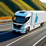 A futuristic autonomous semi-truck, sleek and white, traveling smoothly on a wide, multi-lane highway at dawn, with no visible driver. The road stretches through a modern, clean landscape featuring gentle hills under a clear sky, symbolizing efficient long-haul logistics. The vehicle demonstrates perfect anatomy, correct proportions, and a well-formed, advanced design. The scene is captured with professional photography, high quality, realistic rendering, and cinematic lighting, ensuring a safe for work, appropriate content, family-friendly, and professional depiction of autonomous transport.