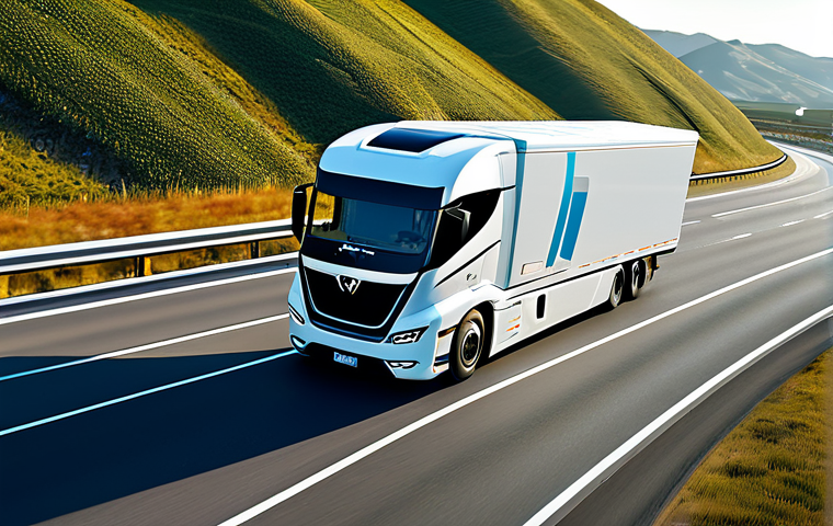 A futuristic autonomous semi-truck, sleek and white, traveling smoothly on a wide, multi-lane highway at dawn, with no visible driver. The road stretches through a modern, clean landscape featuring gentle hills under a clear sky, symbolizing efficient long-haul logistics. The vehicle demonstrates perfect anatomy, correct proportions, and a well-formed, advanced design. The scene is captured with professional photography, high quality, realistic rendering, and cinematic lighting, ensuring a safe for work, appropriate content, family-friendly, and professional depiction of autonomous transport.