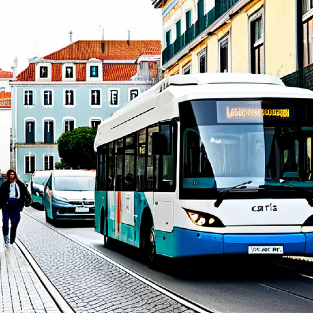 **
A busy Lisbon street scene. Modern, autonomous electric buses, fully branded with Carris (Lisbon's public transport company) logos, are navigating traffic. Pedestrians are safely crossing at designated areas. Buildings are visible in the background, showcasing traditional Portuguese architecture. The scene should evoke a sense of progress and technological advancement, but also maintain the charm of the city. Ensure the scene is safe for work, depicts appropriate content, and everyone is fully clothed in modest attire. High quality, professional photography, perfect anatomy, and natural proportions.
**