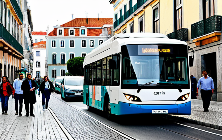 **
A busy Lisbon street scene. Modern, autonomous electric buses, fully branded with Carris (Lisbon's public transport company) logos, are navigating traffic. Pedestrians are safely crossing at designated areas. Buildings are visible in the background, showcasing traditional Portuguese architecture. The scene should evoke a sense of progress and technological advancement, but also maintain the charm of the city. Ensure the scene is safe for work, depicts appropriate content, and everyone is fully clothed in modest attire. High quality, professional photography, perfect anatomy, and natural proportions.
**