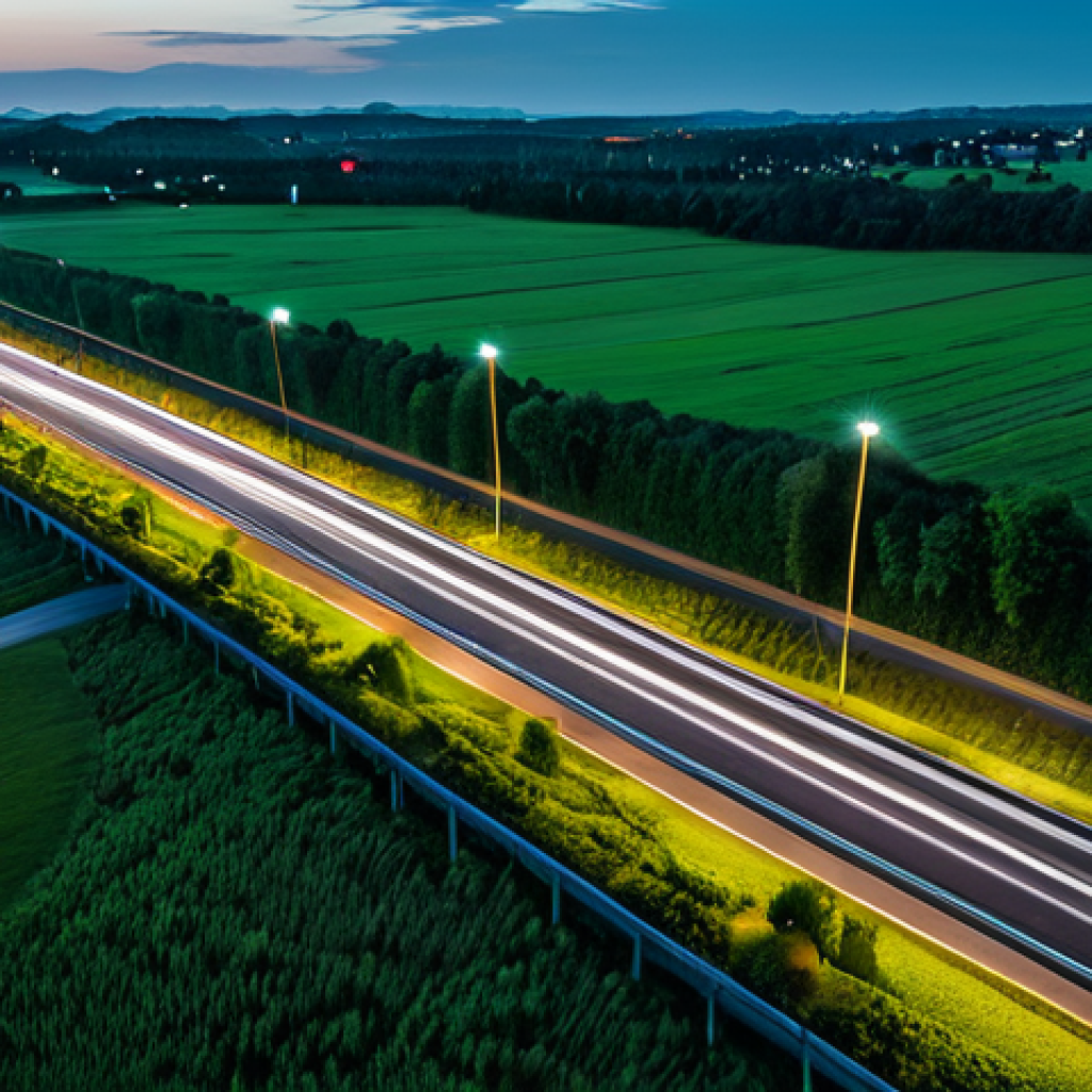 자율주행차와 인프라 개선 방안 - **Smart Highway Sensor Network:** "An aerial view of a modern highway at dusk, showing embedded sens...