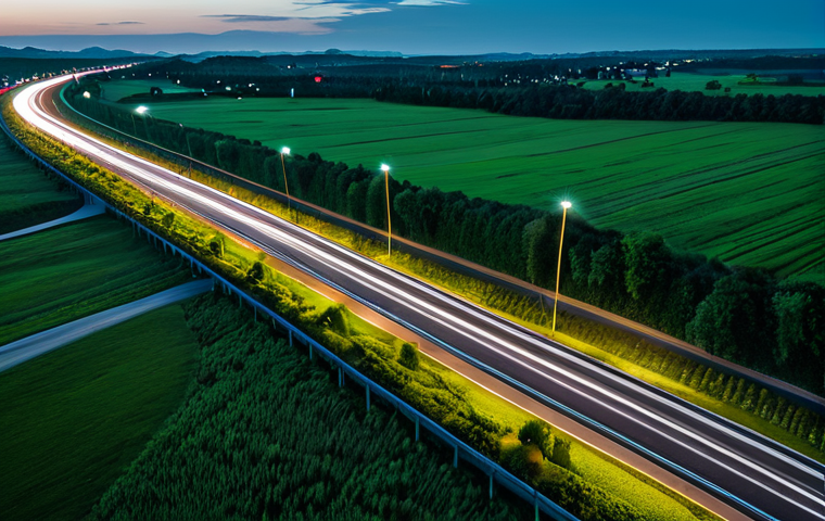 자율주행차와 인프라 개선 방안 - **Smart Highway Sensor Network:** "An aerial view of a modern highway at dusk, showing embedded sens...