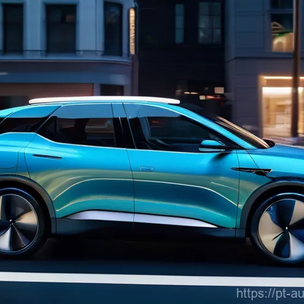 자율주행차의 기술 발전과 사회적 수용 - **Prompt 1: "A futuristic, sleek autonomous electric vehicle drives effortlessly through a bustling ...
