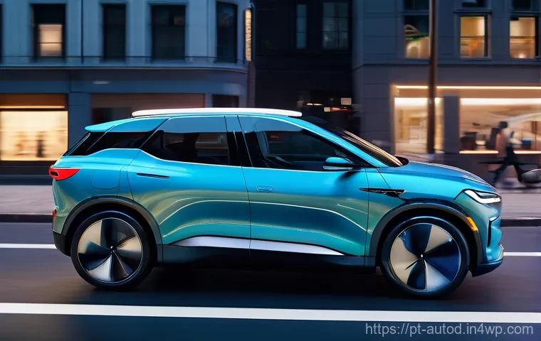 자율주행차의 기술 발전과 사회적 수용 - **Prompt 1: "A futuristic, sleek autonomous electric vehicle drives effortlessly through a bustling ...