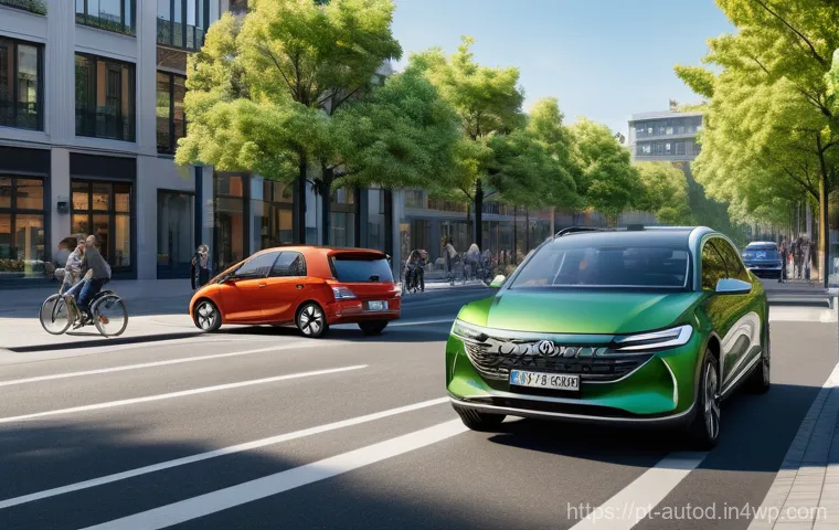 자율주행차의 기술 발전과 사회적 수용 - **Prompt 1: "A futuristic, sleek autonomous electric vehicle drives effortlessly through a bustling ...
