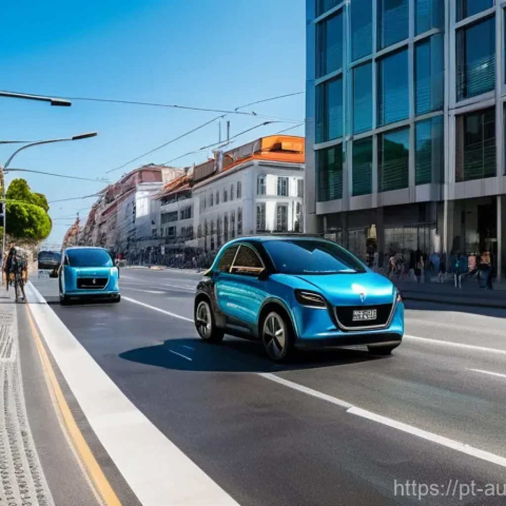 자율주행 시대의 새로운 이동 방식 - **Prompt:** A futuristic, sun-drenched street scene in Lisbon, Portugal, bustling with sleek, fully ...