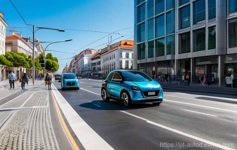자율주행 시대의 새로운 이동 방식 - **Prompt:** A futuristic, sun-drenched street scene in Lisbon, Portugal, bustling with sleek, fully ...