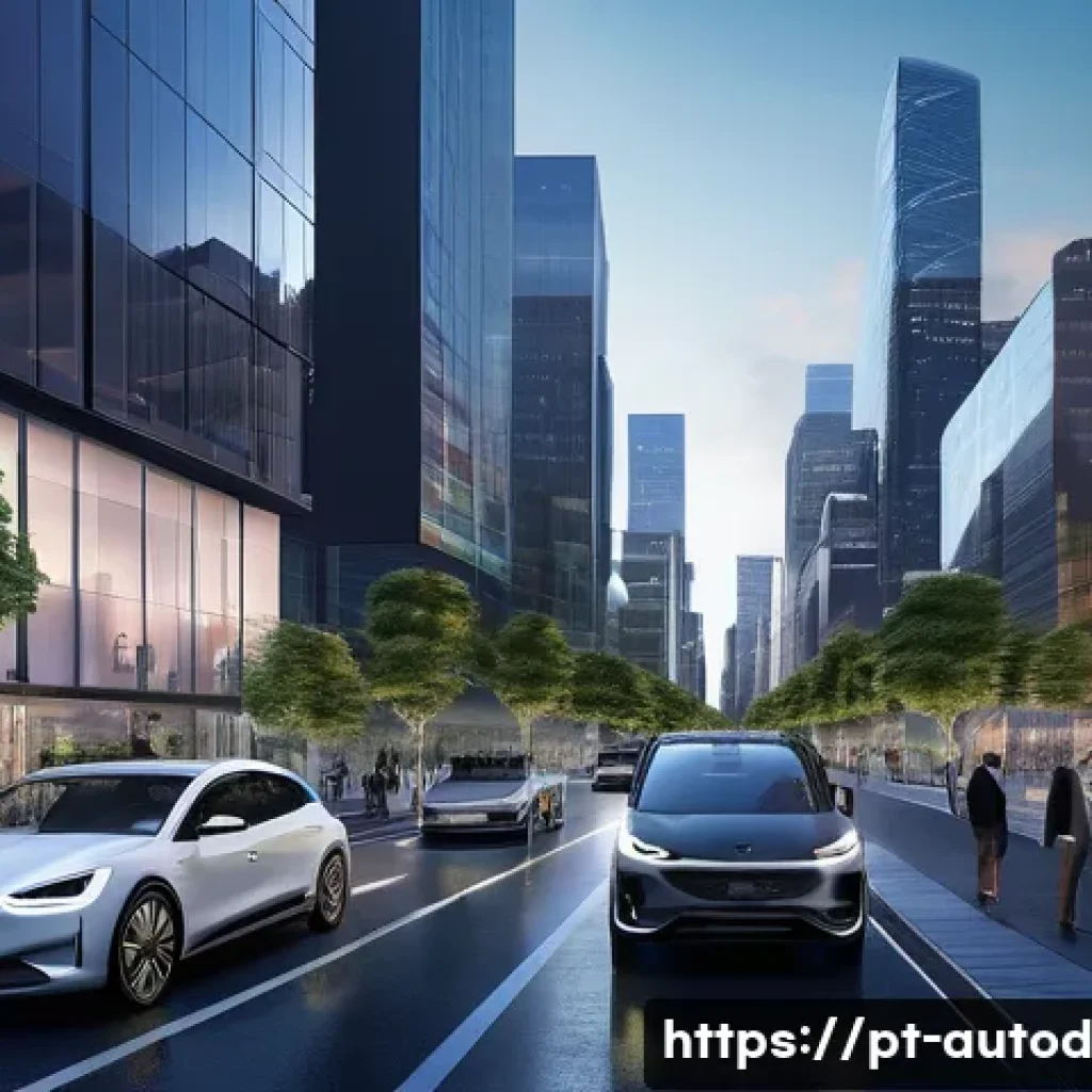 자율주행차와 디지털 전환의 관계 - **Prompt 1: "A futuristic cityscape at dusk, bustling with sleek, fully autonomous electric vehicles...
