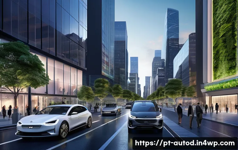 자율주행차와 디지털 전환의 관계 - **Prompt 1: "A futuristic cityscape at dusk, bustling with sleek, fully autonomous electric vehicles...