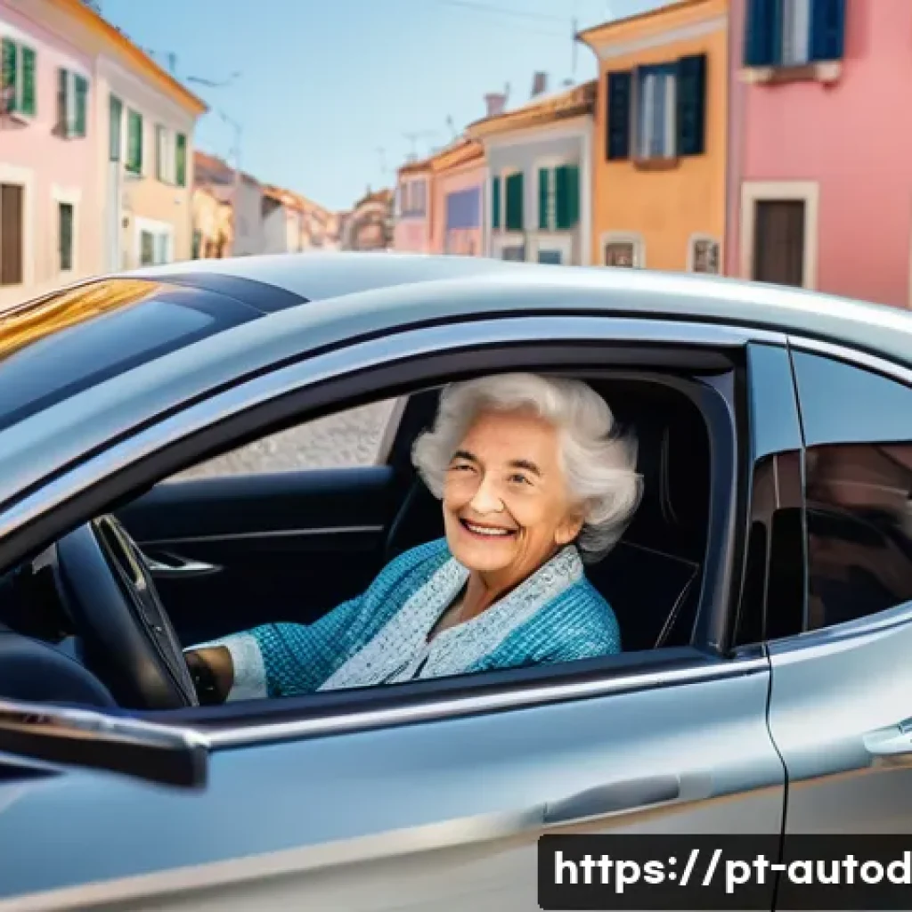 자율주행차와 사회적 접근성 향상 - **Prompt:** A heartwarming scene featuring an elegant elderly Portuguese woman, resembling a grandmo...