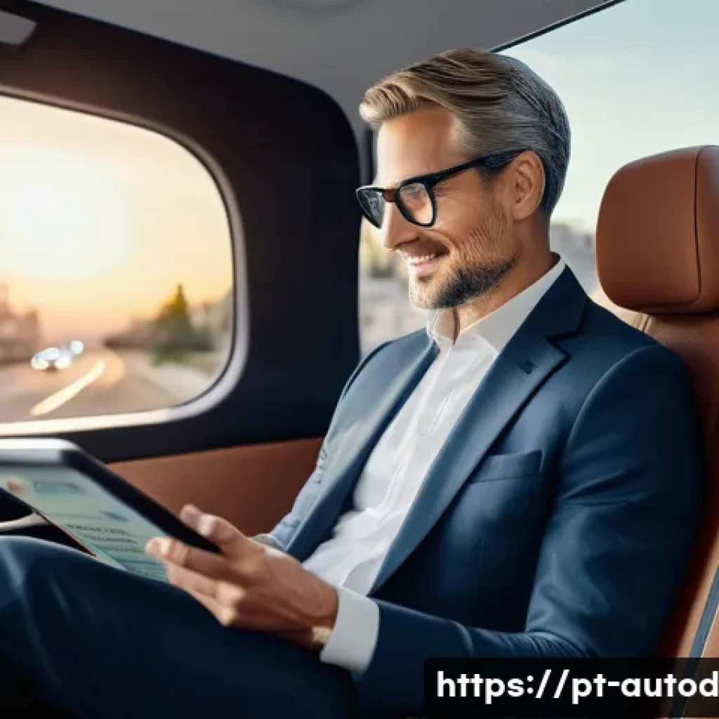 자율주행차와 지속 가능한 개발 목표 - **Prompt:** A serene, ultra-modern autonomous electric vehicle interior. A middle-aged person, dress...