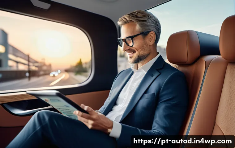 자율주행차와 지속 가능한 개발 목표 - **Prompt:** A serene, ultra-modern autonomous electric vehicle interior. A middle-aged person, dress...