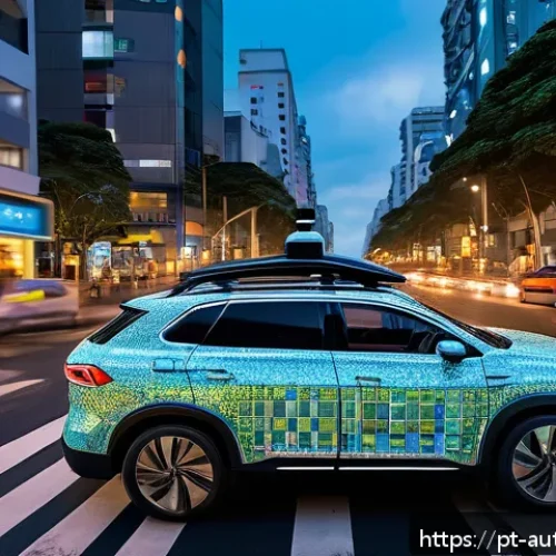Home 33 자율주행차의 경험을 향상시키는 기술 - A sleek autonomous car navigating a busy Brazilian urban street at dusk, equipped with visible LiDAR...