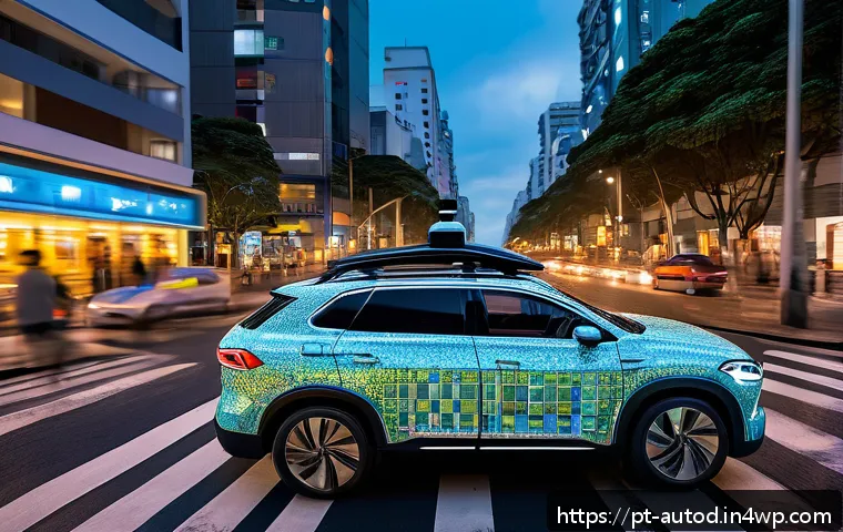 자율주행차의 경험을 향상시키는 기술 - A sleek autonomous car navigating a busy Brazilian urban street at dusk, equipped with visible LiDAR...