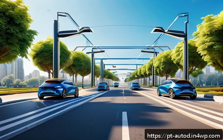 자율주행차와 정보 통신 기술의 결합 - A futuristic Brazilian urban street scene featuring multiple sleek autonomous electric vehicles navi...