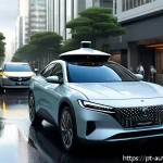 Home 19 자율주행차의 기술 발전 방향 - A futuristic autonomous car driving smoothly through a busy São Paulo urban street, surrounded by sm...