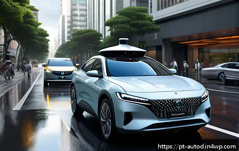 자율주행차의 기술 발전 방향 - A futuristic autonomous car driving smoothly through a busy São Paulo urban street, surrounded by sm...