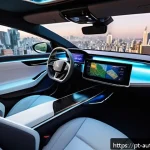 Home 18 자율주행차의 소비자 경험 개선 전략 - A sleek, modern autonomous electric car interior in São Paulo, Brazil, showcasing adaptive ambient l...