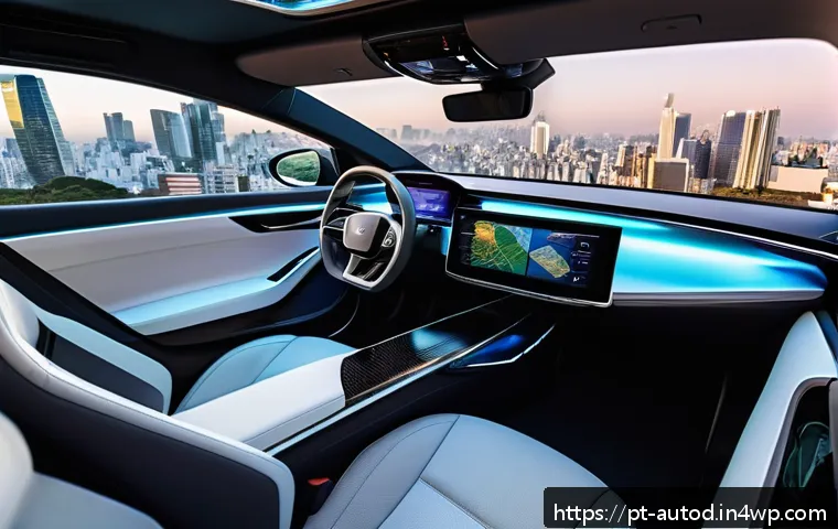 자율주행차의 소비자 경험 개선 전략 - A sleek, modern autonomous electric car interior in São Paulo, Brazil, showcasing adaptive ambient l...