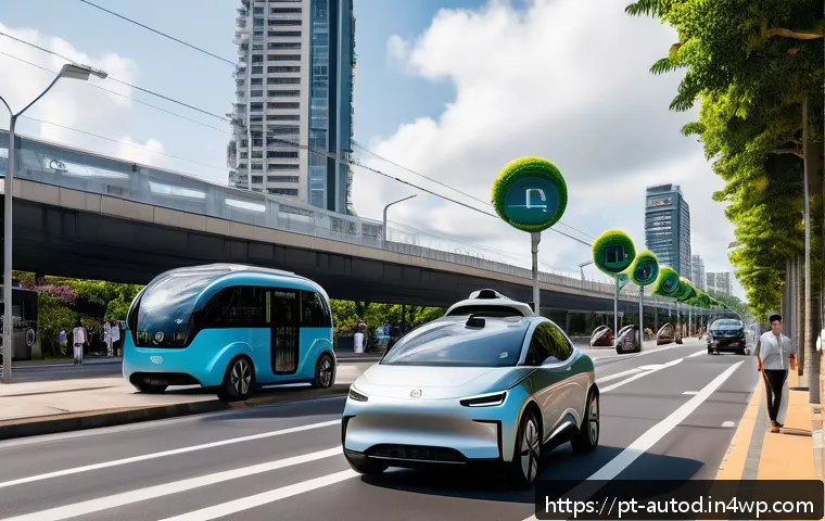 자율주행차와 공공 안전의 변화 - A bustling Brazilian urban street scene featuring sleek autonomous electric cars smoothly navigating...