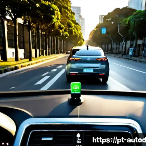 Home 17 자율주행차와 스마트폰 앱의 통합 - Photorealistic early morning scene in São Paulo, Brazil: a sleek autonomous electric car smoothly na...