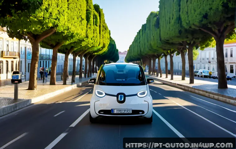 Home 17 자율주행차와 대기 오염 감소 효과 - Photorealistic wide street scene in Lisbon, Portugal, showing several sleek autonomous electric cars...