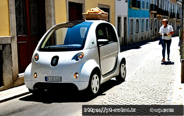Home 17 자율주행차가 가져올 편리한 쇼핑 경험 - Photorealistic autonomous electric car arriving at a sunlit Lisbon apartment street with subtle Port...