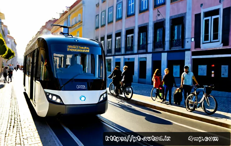 Home 17 자율주행차가 바꾸는 대중교통 개편 - Photorealistic morning scene in Lisbon, Portugal, showing an autonomous electric city shuttle smooth...