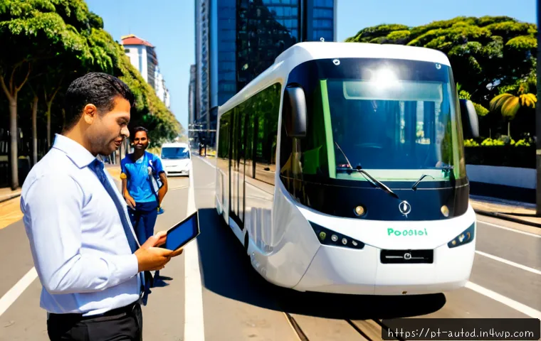 Home 17 자율주행차와 고용 시장의 변화 - Photorealistic wide-angle scene in São Paulo, Brazil, showing a modern autonomous electric shuttle n...
